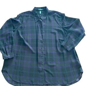 Wms Classic Sheer Plaid Button Down Shirt 3X Purple Long Sleeve Dark Academia